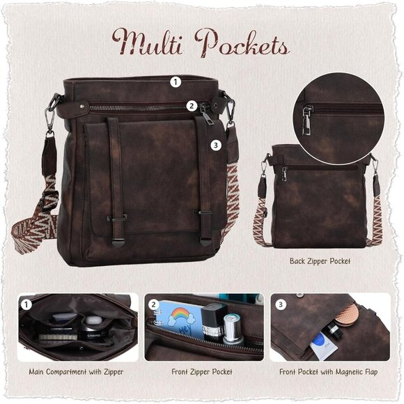 Leather Crossbody Bag Women Men Travel Purse Medium with Pockets & Wide Strap - Picture 3 of 6